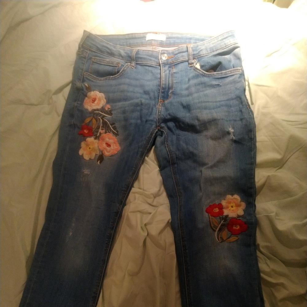 Zara skinny jeans with pink and red embroidery